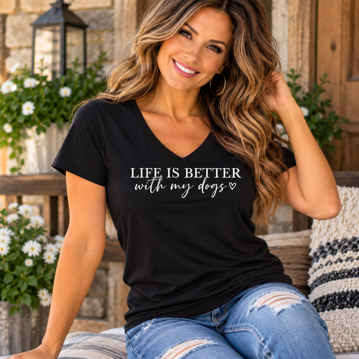 Black V-neck women's tee with white “Life Is Better with my dogs” text and a small heart, ideal for tshirts for dog lovers