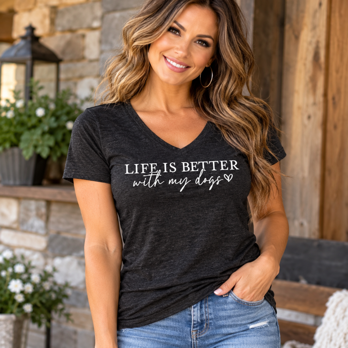 Women's charcoal V-neck tee with white “Life Is Better with My Dogs” lettering and a heart, among tshirts for dog lovers