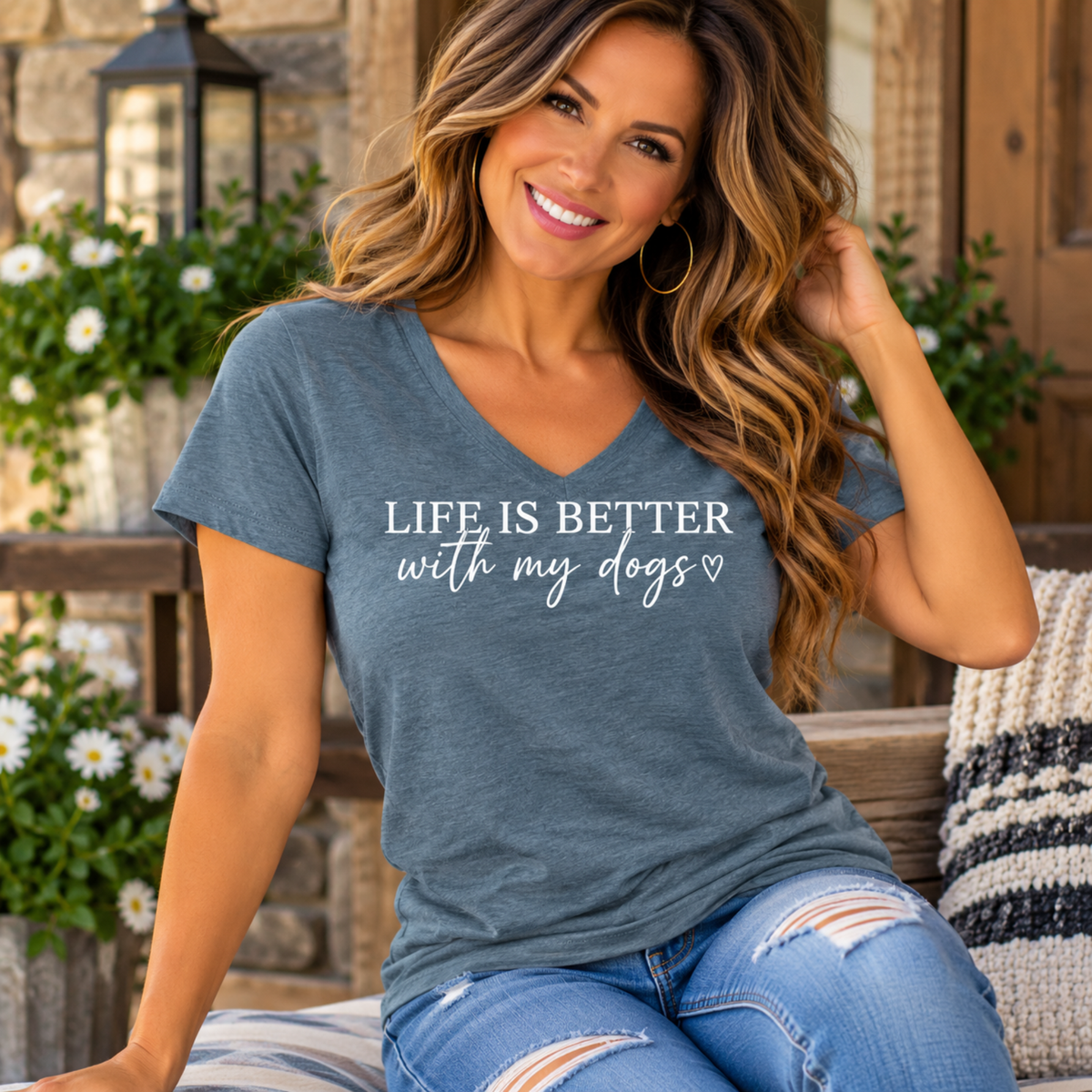 Women's V-neck tee in heather blue with white “Life is better with my dogs” lettering and a small heart, tshirts for dog lovers