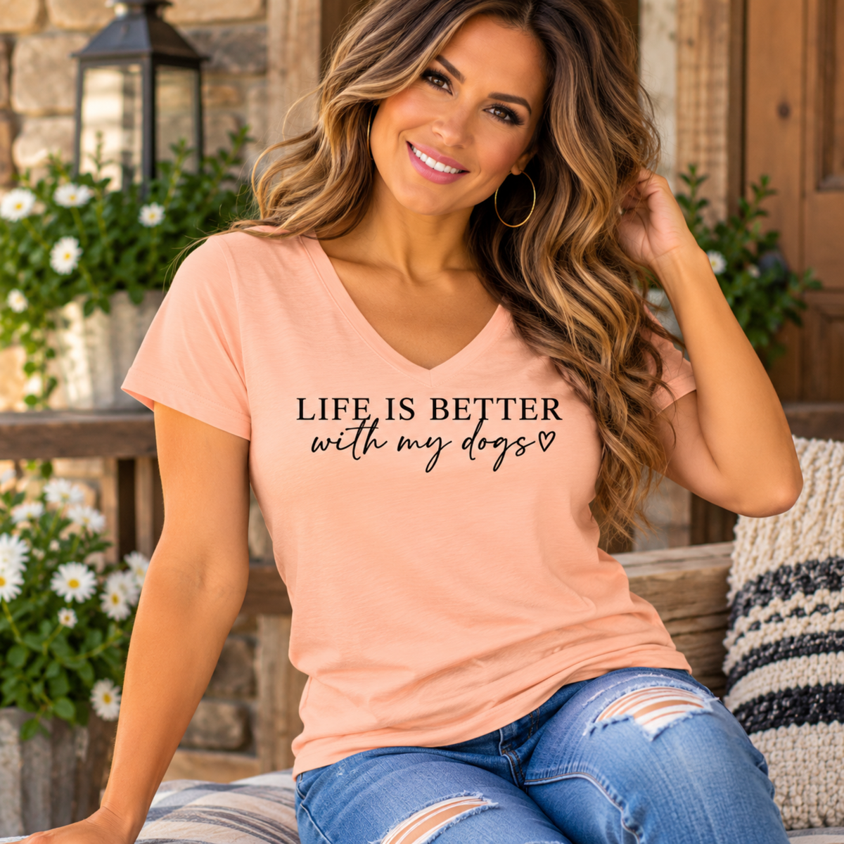 tshirts for dog lovers peach V-neck tee with black “Life is better with my dogs” lettering and heart