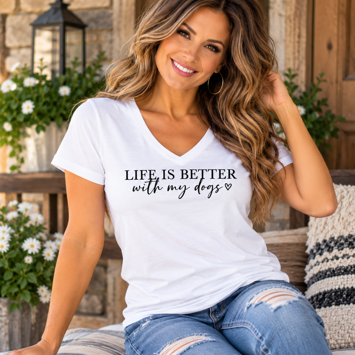 White women's V-neck tee for tshirts for dog lovers with short sleeves and black “Life is Better with my dogs” lettering and heart