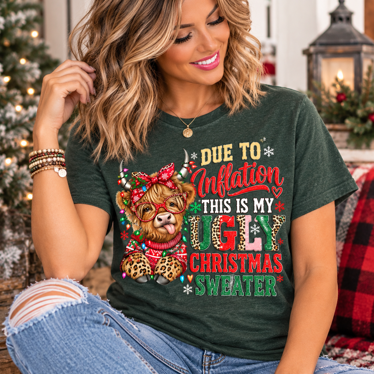 ugly christmas shirt in dark green with a festive Highland cow, colorful holiday lights, leopard print and inflation joke
