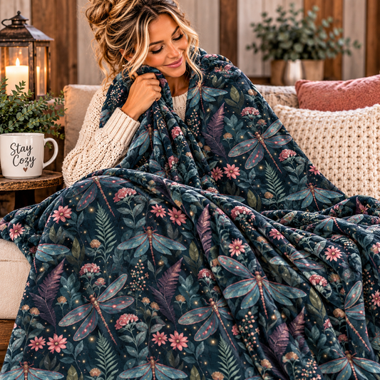 Velveteen blanket in dark navy plush fabric, patterned with teal dragonflies, pink flowers, and leafy botanicals