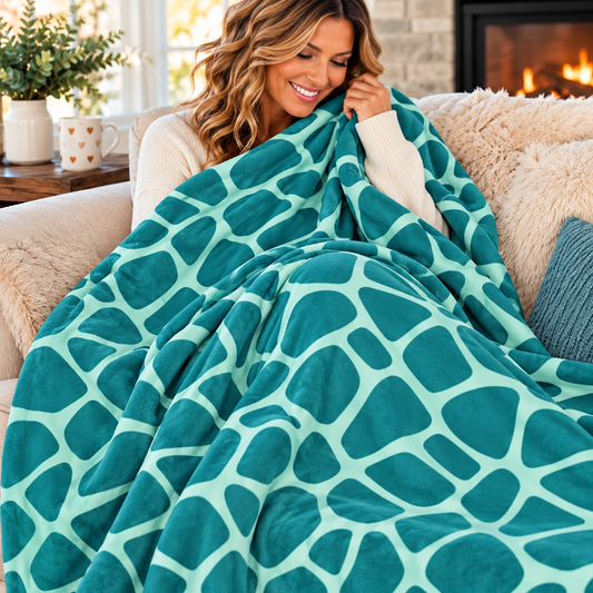 Velveteen plush blanket in teal with a bold, irregular giraffe-like pattern and a soft, plush texture