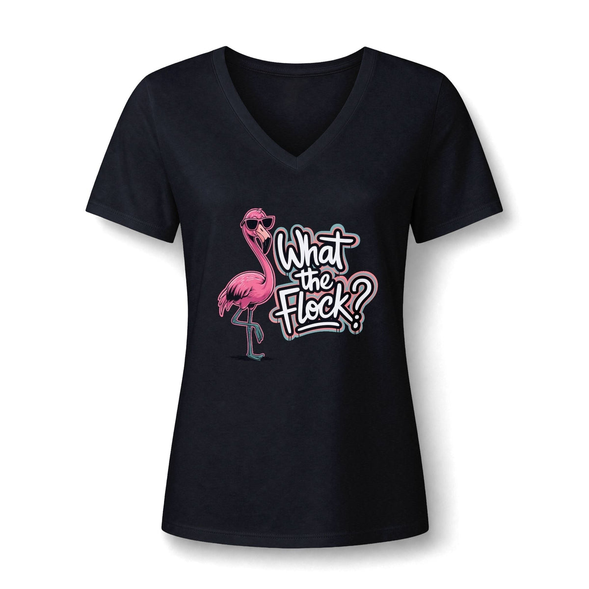 Women's V-neck tee in black cotton blend with a pink flamingo and “What the Flock?” graphic
