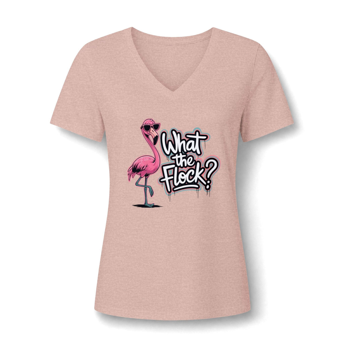 Women's V-neck T-shirt in dusty pink with a flamingo graphic and “What the Flock?” lettering