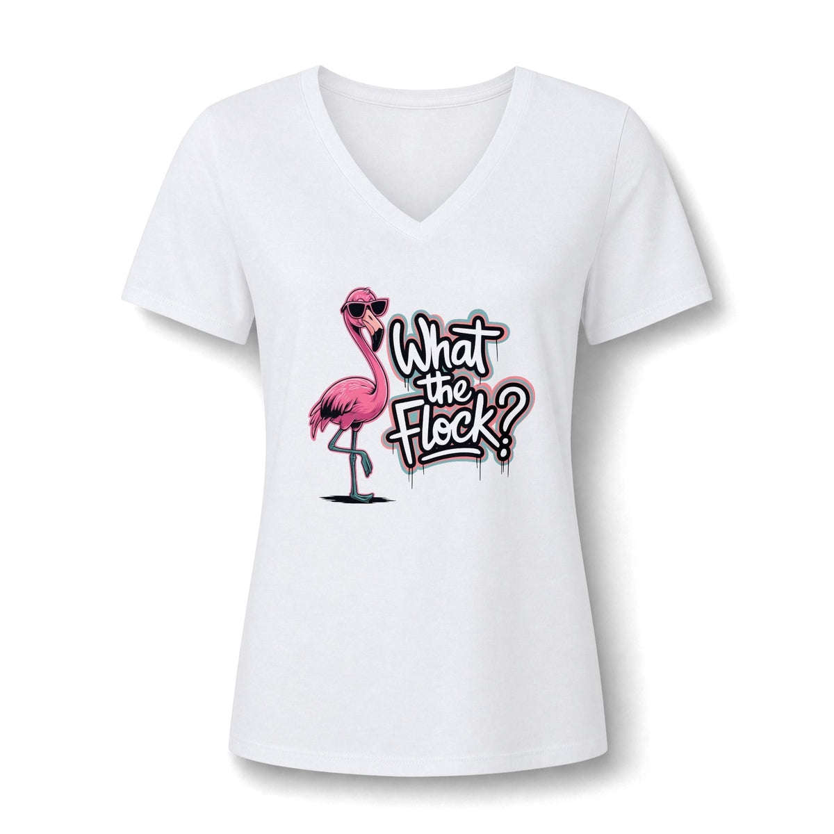 Women's V-neck tee in white cotton-blend fabric, featuring a pink flamingo graphic and “What the Flock?” lettering.