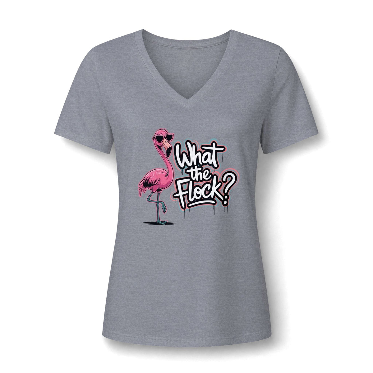 What the Flock? women's gray V-neck T-shirt with a pink flamingo graphic and playful lettering