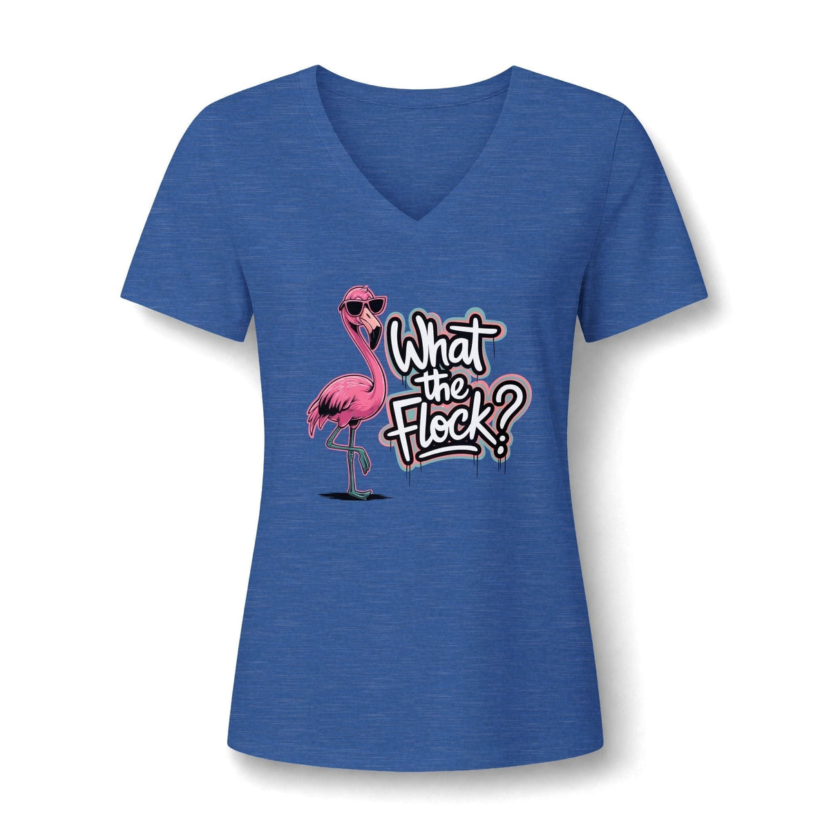 What the Flock? women's V-neck tee in heather blue with a pink flamingo and playful lettering graphic