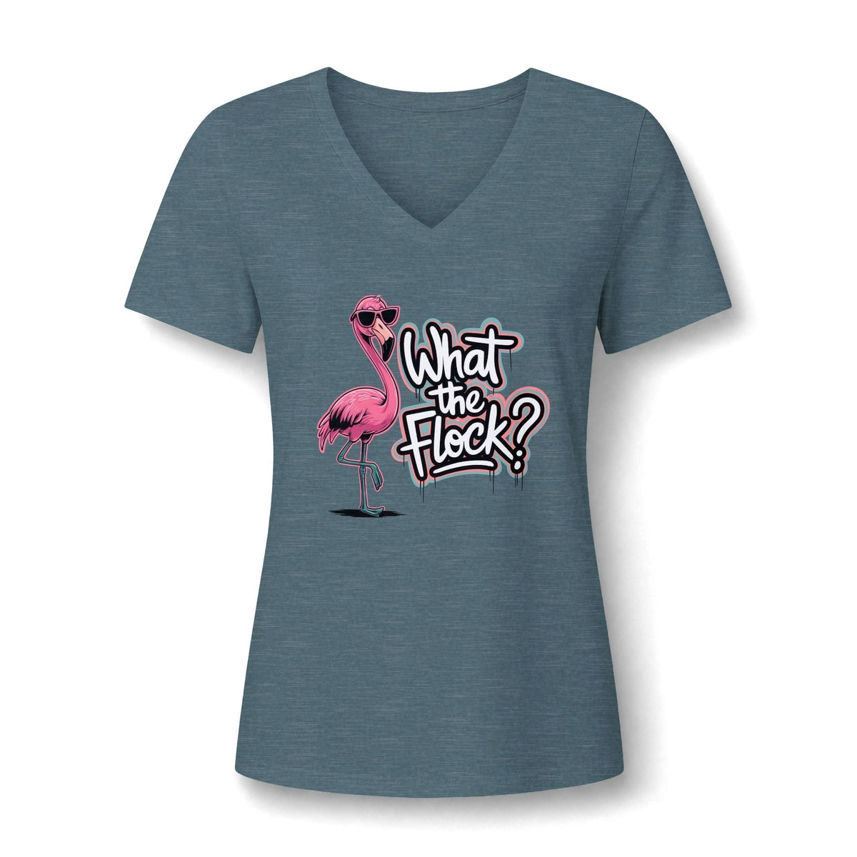 What the Flock? women's V-neck tee in heathered blue with a pink flamingo graphic and playful lettering