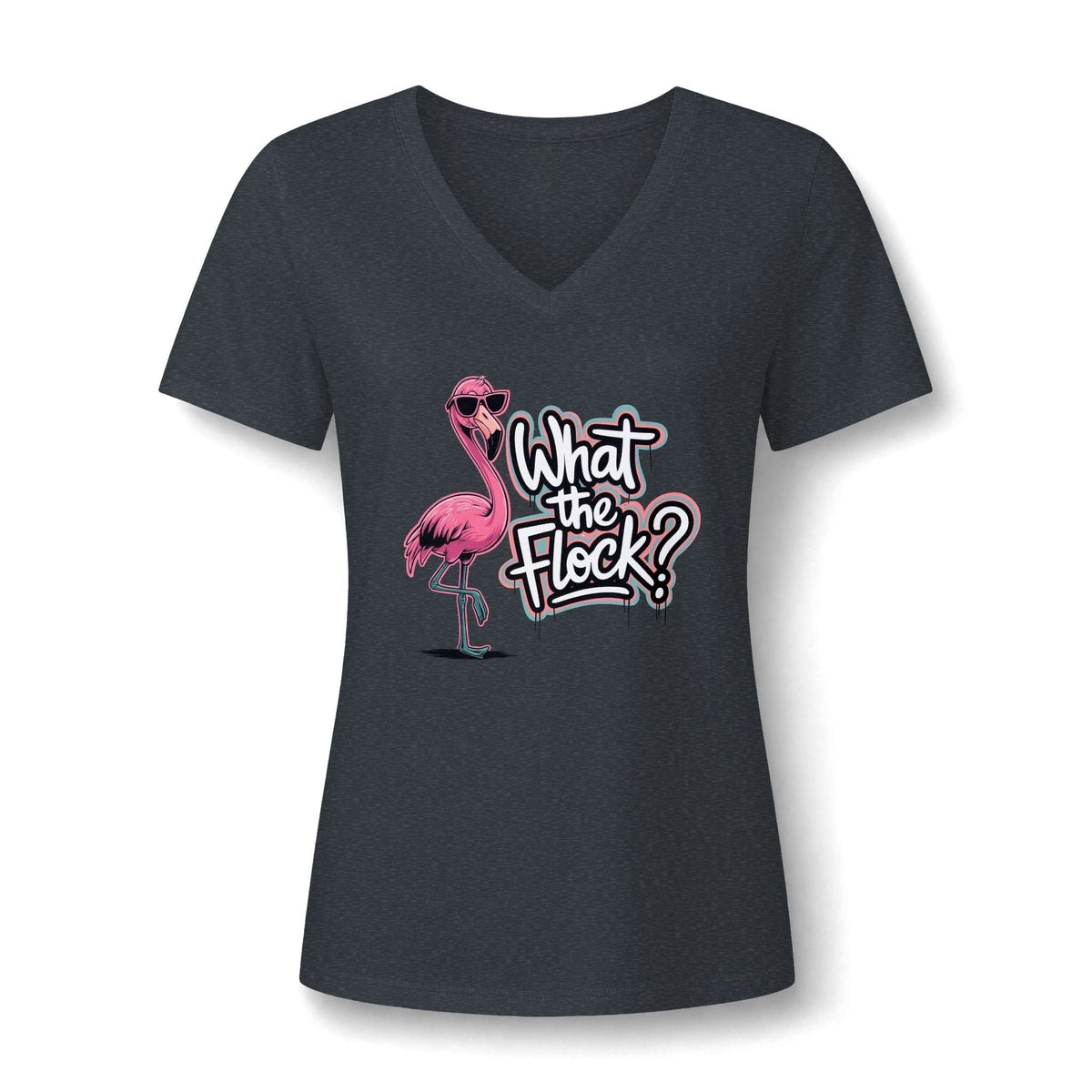 What the Flock? women's V-neck tee in charcoal gray with a colorful pink flamingo and playful graphic