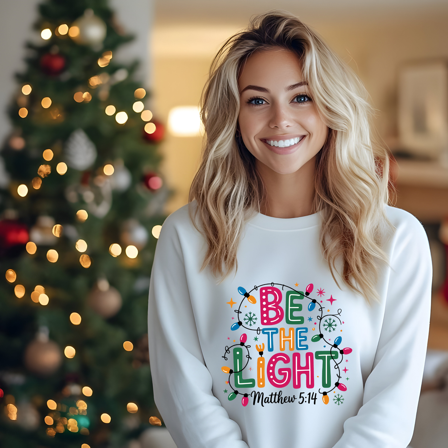 Soft white unisex “Be The Light” crewneck with Matthew 5:14 and decorative lights.