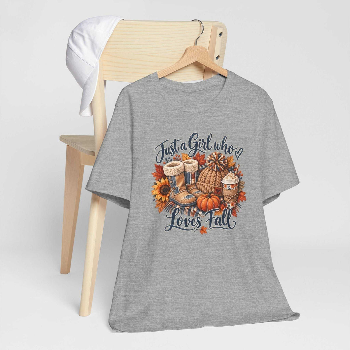 womens fall shirts: gray cotton T-shirt with colorful autumn boots, pumpkins, sunflowers, leaves and fall lettering